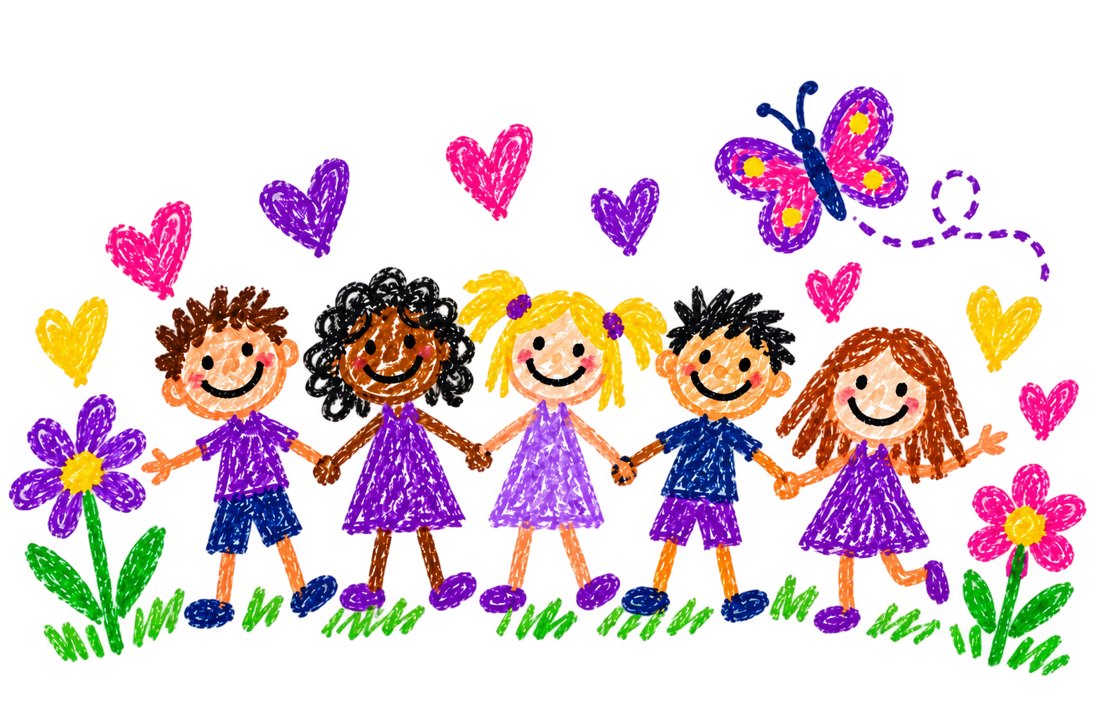 Crayon drawing of five smiling children holding hands among hearts, flowers and a butterfly